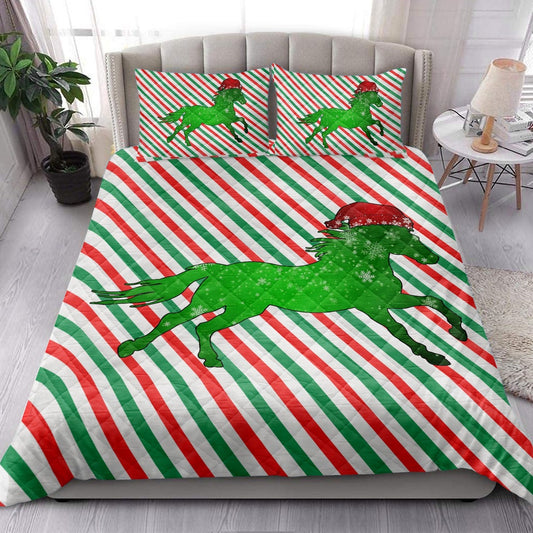 Horse Quilt Set, Horsemas Hat Cane Candy Stripes Shiny Green Winter Holiday Quilt Blanket
