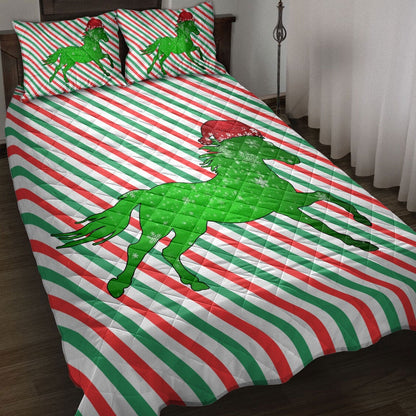 Horse Quilt Set, Horsemas Hat Cane Candy Stripes Shiny Green Winter Holiday Quilt Blanket