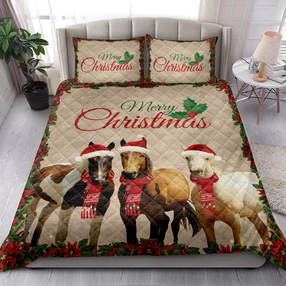 Horse Quilt Set, Merrymas Horse With Santa Hat Horse Quilt Blanket