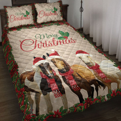 Horse Quilt Set, Merrymas Horse With Santa Hat Horse Quilt Blanket