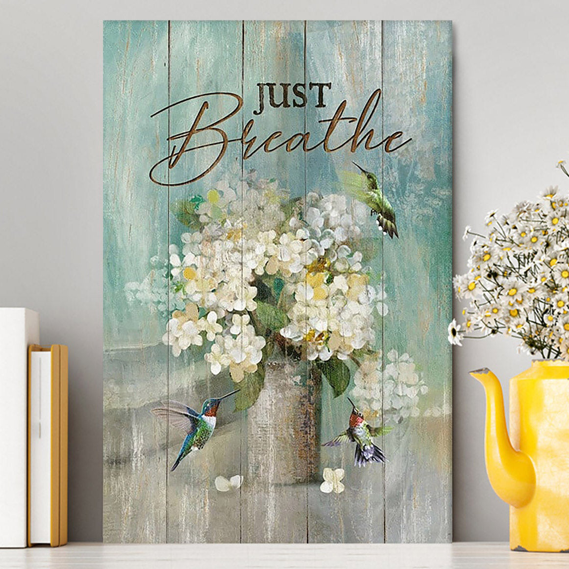 Hummingbird White Flower Just Breathe Canvas Art - Christian Art - Bible Verse Wall Art - Religious Home Decor