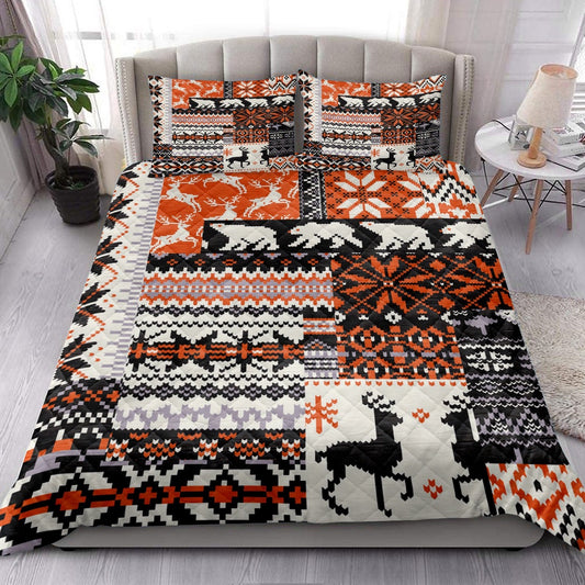 Hunting Quilt Set, Christmas R Ustic Cabin Bear Deer Orange Black Plaid Xmas Holiday Quilt Blanket