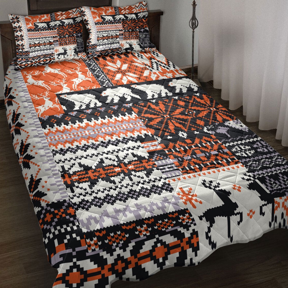 Hunting Quilt Set, Christmas R Ustic Cabin Bear Deer Orange Black Plaid Xmas Holiday Quilt Blanket