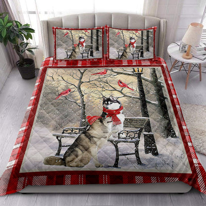 Husky Quilt Set, H Usky Sibir Hellomas Snowflake Winter Park Cardinal Holiday Quilt Blanket