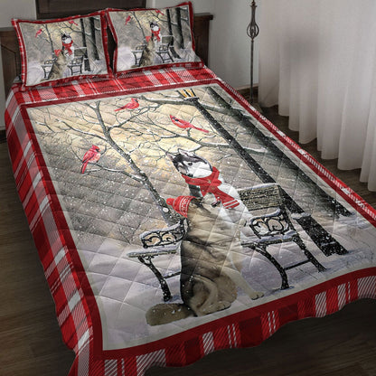 Husky Quilt Set, H Usky Sibir Hellomas Snowflake Winter Park Cardinal Holiday Quilt Blanket