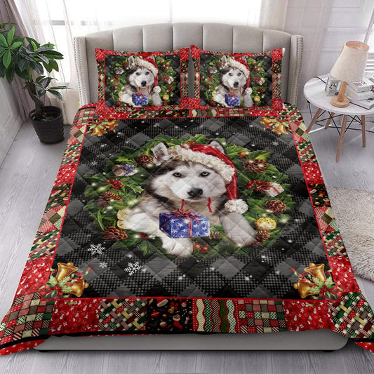 Husky Quilt Set, Siberian H Usky Wearingmas Hat Wreath Dog Quilt Blanket