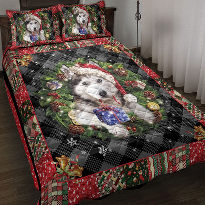 Husky Quilt Set, Siberian H Usky Wearingmas Hat Wreath Dog Quilt Blanket