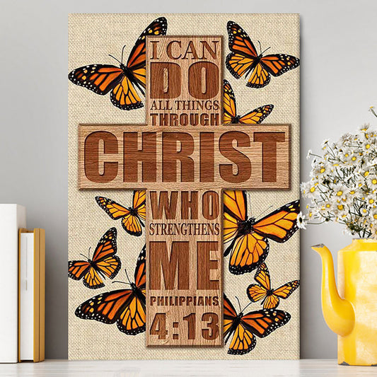 I Can Do All Things Through Christ Who Strengthens Me Cross Orange Butterfly Canvas Wall Art - Bible Verse Canvas Art