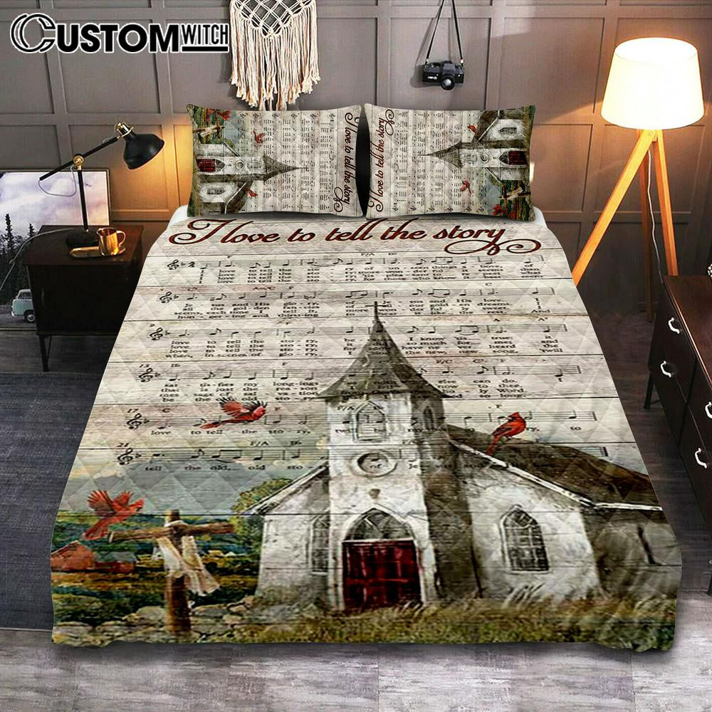 I Love To Tell The Story Red Cardinal Cross Quilt Bedding Set Art 