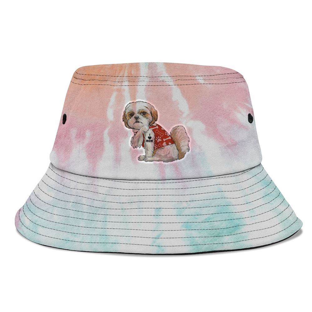 I Love Mom Tattoo Shih Tzu Mom Funny Gift Bucket Hat, Mother's Day Bucker Hat, Tie Dye Bucket Hat, Women's Sun Hats
