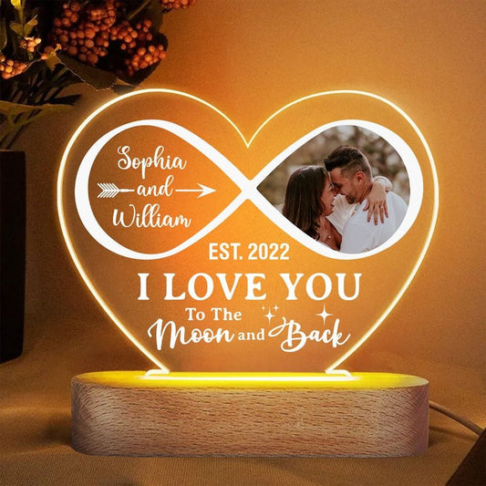 I Love You To The Moon And Back, Personalized Couple Photo Heart Night Light, Mother's Day Night Lights For Bedroom