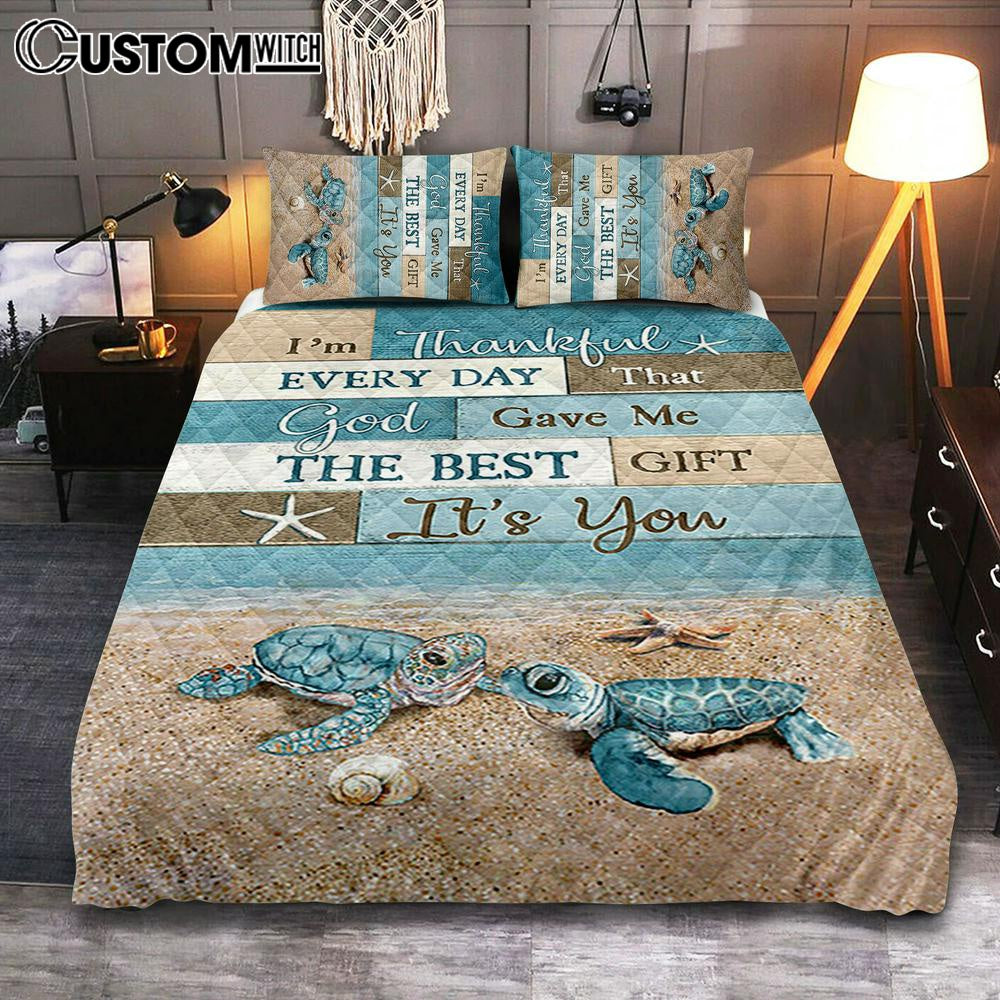 I'm Thankful Every Day Blue Sea Turtle Quilt Bedding Set Art