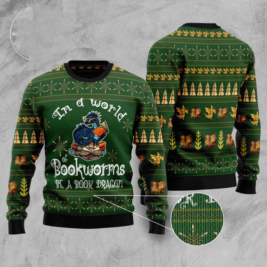 In A World Of Bookworms Be A Book Dragon Ugly Christmas Sweater, Funny Xmas Sweater, Sweater Xmas