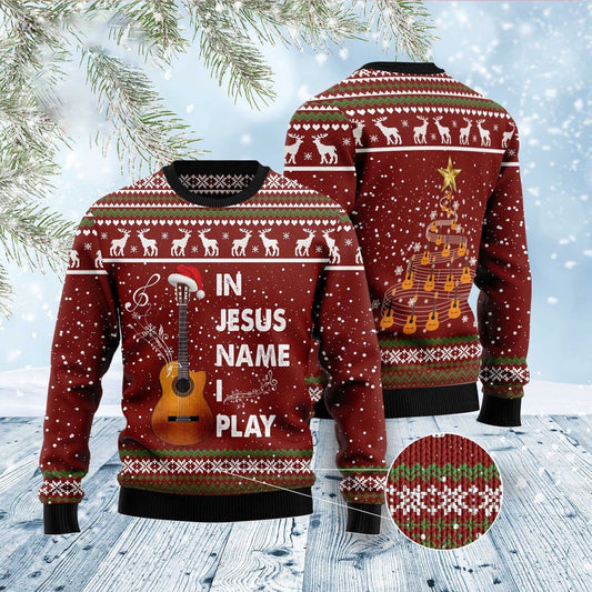 In Jesus Name I Play Guitar Ugly Christmas Sweater, Funny Xmas Sweater, Sweater Xmas