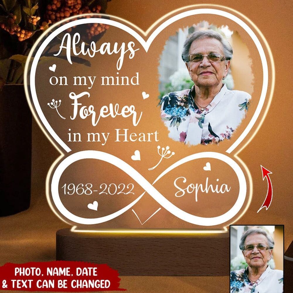 Infinity Heart Custom Photo Always On My Mind Personalized Memorial Plaque LED Lamp Night Light, Mother's Day Night Lights For Bedroom