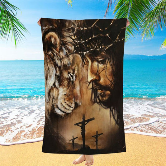 Jesus And Lion Face To Face Beach Towel, Christian Beach Towel, Christian Gift, Gift For Women