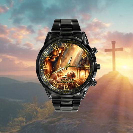 Jesus Black Stainless Steel Watch, Boundless Love Jesus And Virgin Watch, Christian Watch, Religious Watch