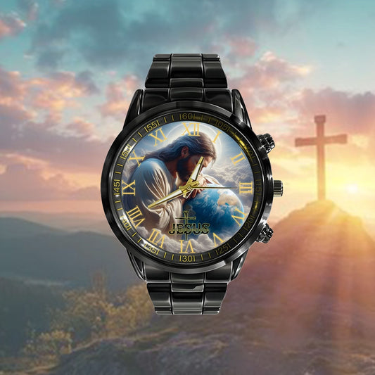 Jesus Black Stainless Steel Watch, Earth And Jesus Watch, Christian Watch, Religious Watch