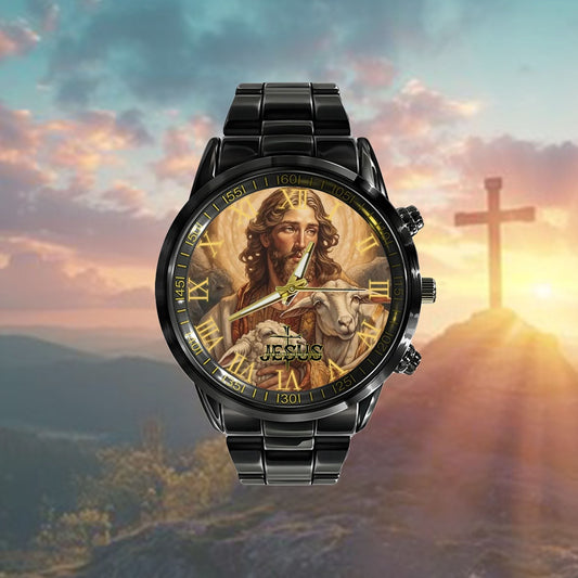 Jesus Black Stainless Steel Watch, God And The sheep Watch, Christian Watch, Religious Watch