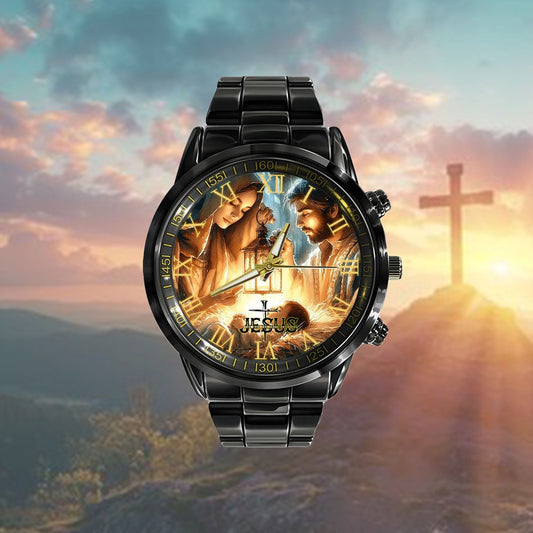 Jesus Black Stainless Steel Watch, Infinite Care Jesus And Virgin Watch, Christian Watch, Religious Watch