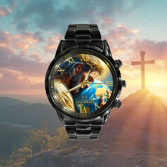 Jesus Black Stainless Steel Watch, Jesus And Earth Watch, Christian Watch, Religious Watch