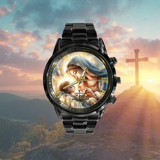 Jesus Black Stainless Steel Watch, Jesus And The Virgin Mary Watch, Christian Watch, Religious Watch