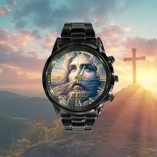 Jesus Black Stainless Steel Watch, Jesus Cloud Watch, Christian Watch, Religious Watch