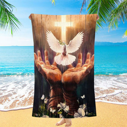 Jesus Hand, Dove Of Peace, Light Cross, White Flower Beach Towel, Christian Beach Towel, Christian Gift, Gift For Women