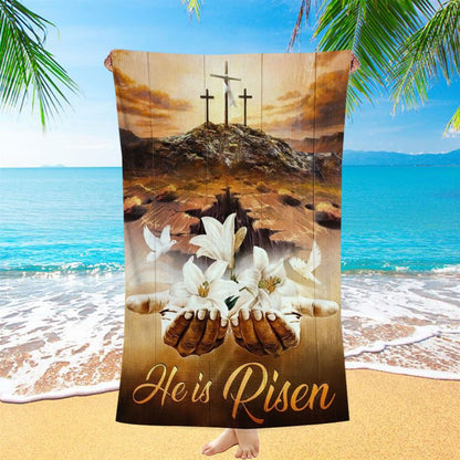 Jesus Hands White Lily Dove Cross He Is Risen Beach Towel, Christian Beach Towel, Christian Gift, Gift For Women
