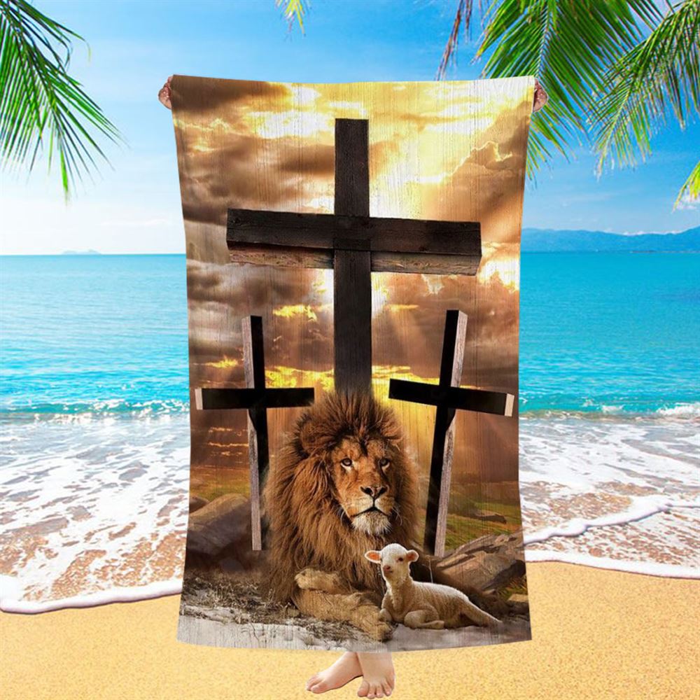 Jesus Lion Of Judah, Lamb Of God, Three Crosses Beach Towel, Christian Beach Towel, Christian Gift, Gift For Women