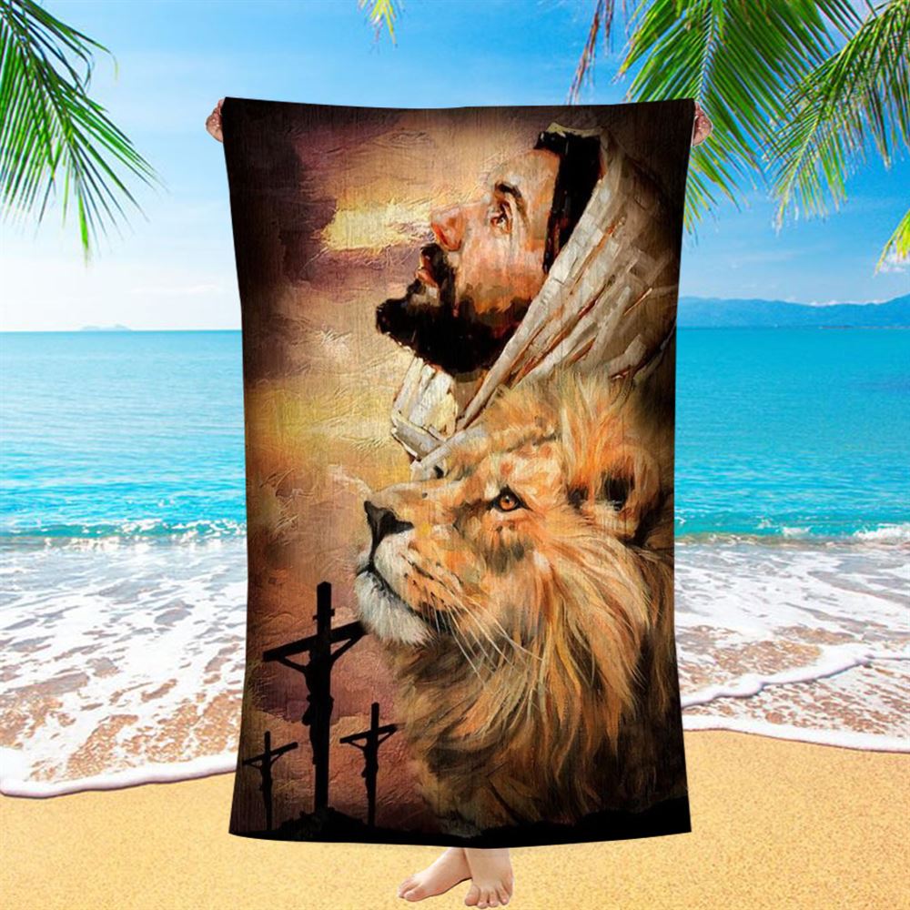 Jesus Watercolor Lion Jesus On The Cross Beach Towel, Christian Beach Towel, Christian Gift, Gift For Women