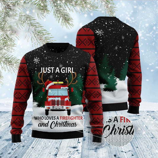 Just A Girl Who Loves Firefighter And Christmas Ugly Christmas Sweater, Funny Xmas Sweater, Sweater Xmas