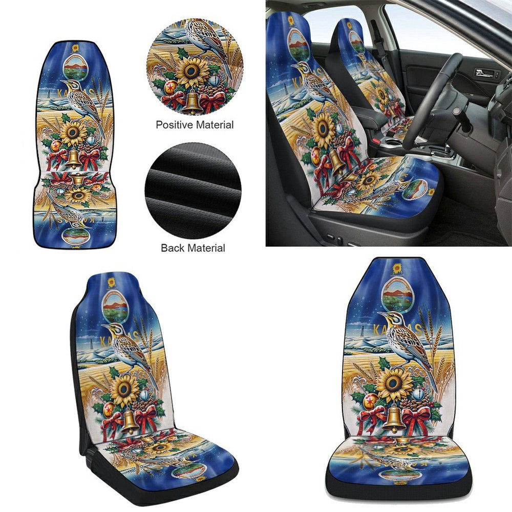 Kansas State Sunflower and Meadowlark Bird Winter Christmas Cars Seat Cover, Christmas Car Seat Covers, Car Decor Gift