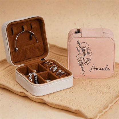 Leather Jewelry Travel Case, Engraved Jewelry Box, Birth Flower Jewelry Travel Case, Mother's Day Jewelry Case