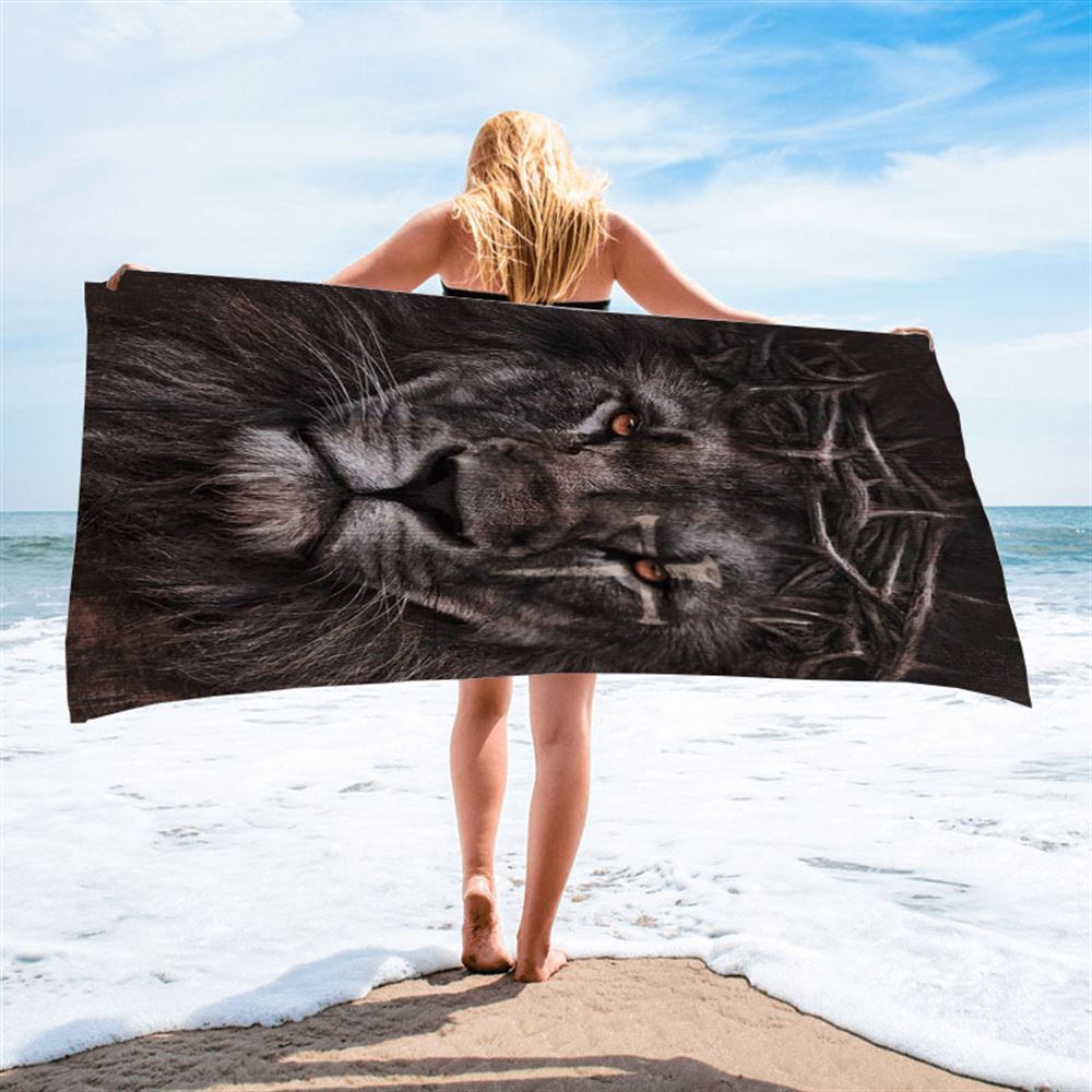 Lion Crown Of Thorn Cross Beach Towel, Christian Beach Towel, Christian Gift, Gift For Women