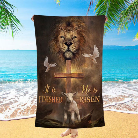 Lion Dove And Lamb Wooden Cross He Is Risen Beach Towel, Christian Beach Towel, Christian Gift, Gift For Women
