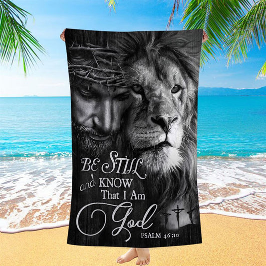 Lion, Jesus, Black And White Painting, Be Still And Know That I Am God Beach Towel, Christian Beach Towel, Christian Gift, Gift For Women