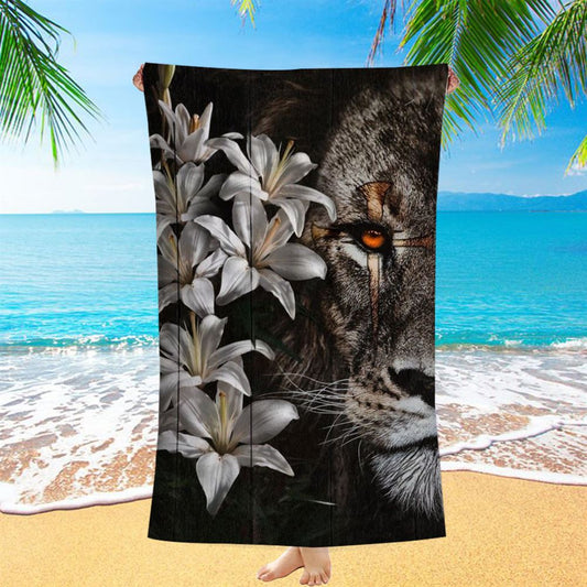 Lion Of Judah Amazing Lily Painting Unique Cross Beach Towel, Christian Beach Towel, Christian Gift, Gift For Women