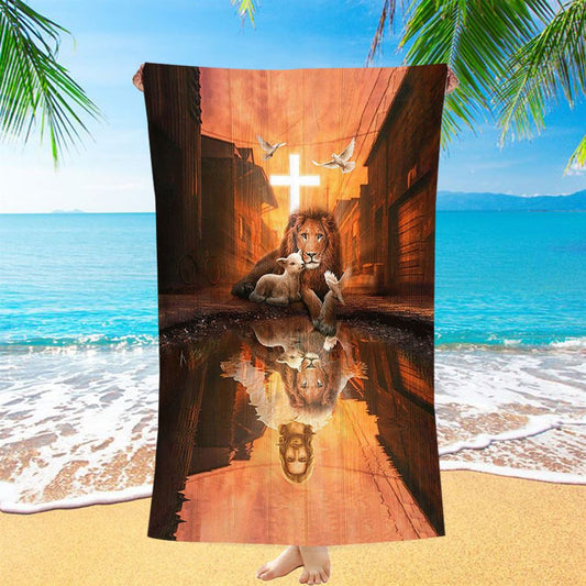Lion Of Judah Lamb Of God Jesus's Reflection Light Cross Beach Towel - Lion Beach Towel - Christian Beach Towel - Religious Beach Towel