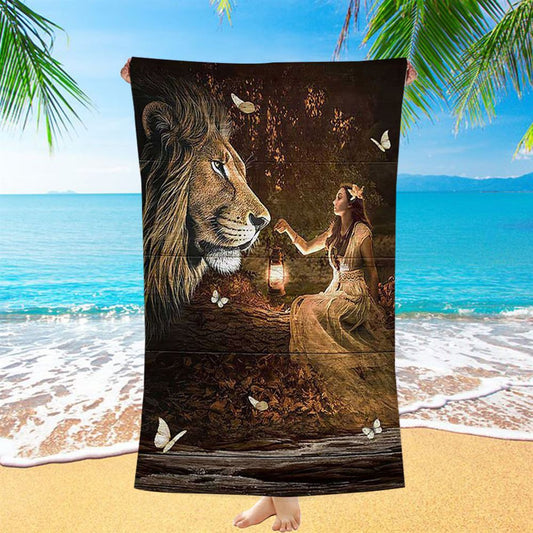Lion Of Judah Pretty Girl White Butterfly Beach Towel - Lion Beach Towel - Christian Beach Towel - Religious Beach Towel