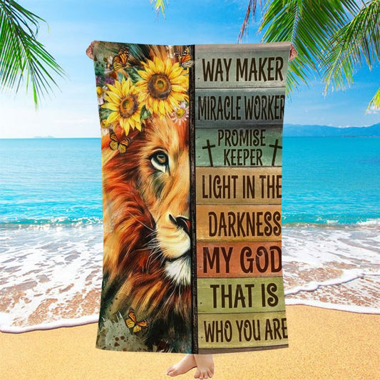 Lion Of Judah Sunflower Wreath Way Maker Miracle Worker Beach Towel, Christian Beach Towel, Christian Gift, Gift For Women