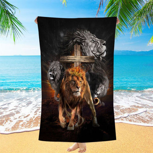 Lion Of Judah Wooden Cross Jesus The Lord Beach Towel - Lion Beach Towel - Christian Beach Towel - Religious Beach Towel