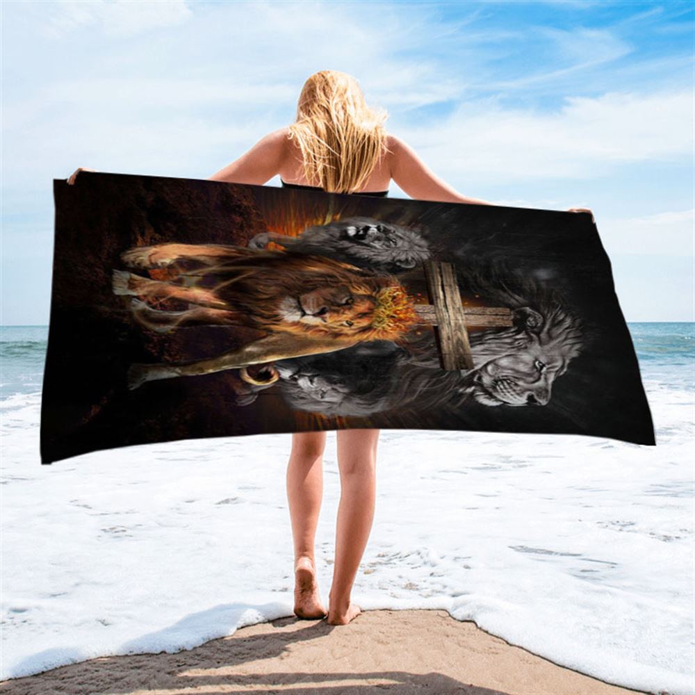 Lion Of Judah Wooden Cross Jesus The Lord Beach Towel - Lion Beach Towel - Christian Beach Towel - Religious Beach Towel
