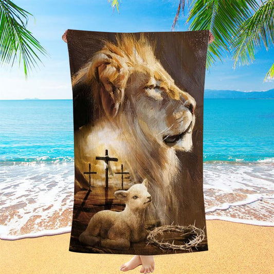 Lion Painting, Lamb Drawing, Cross, Lion Of Judah Beach Towel, Christian Beach Towel, Christian Gift, Gift For Women