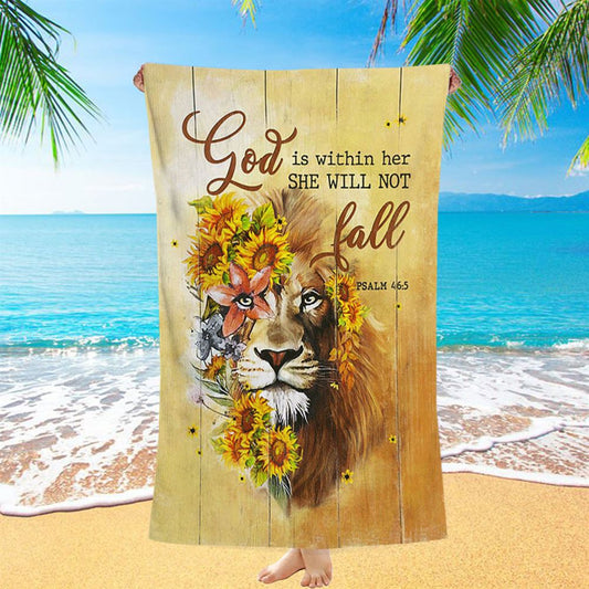 Lion Sunflower God Is Within Her She Will Not Fall Beach Towel - Christian Beach Towel - Bible Verse Beach Towel