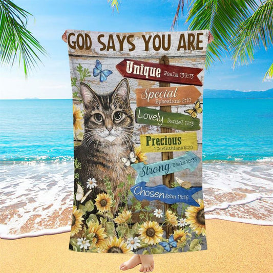 Lovely Cat, Sunflower Garden, Pretty Butterfly, God Says You AreBeach Towel, Christian Beach Towel, Christian Gift, Gift For Women