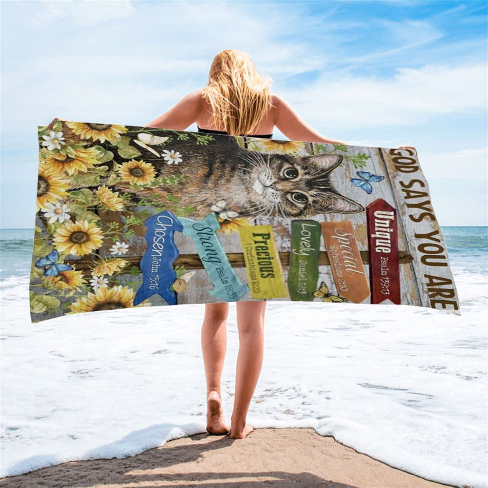 Lovely Cat, Sunflower Garden, Pretty Butterfly, God Says You AreBeach Towel, Christian Beach Towel, Christian Gift, Gift For Women