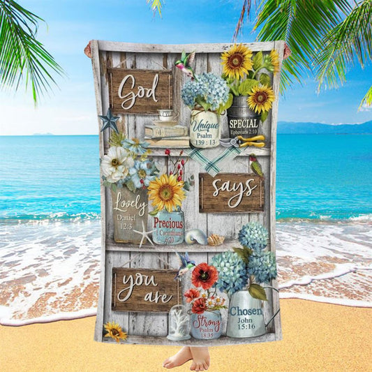 Lovely Flower Garden, Colorful Hummingbird, God Says You Are Beach Towel, Christian Beach Towel, Christian Gift, Gift For Women