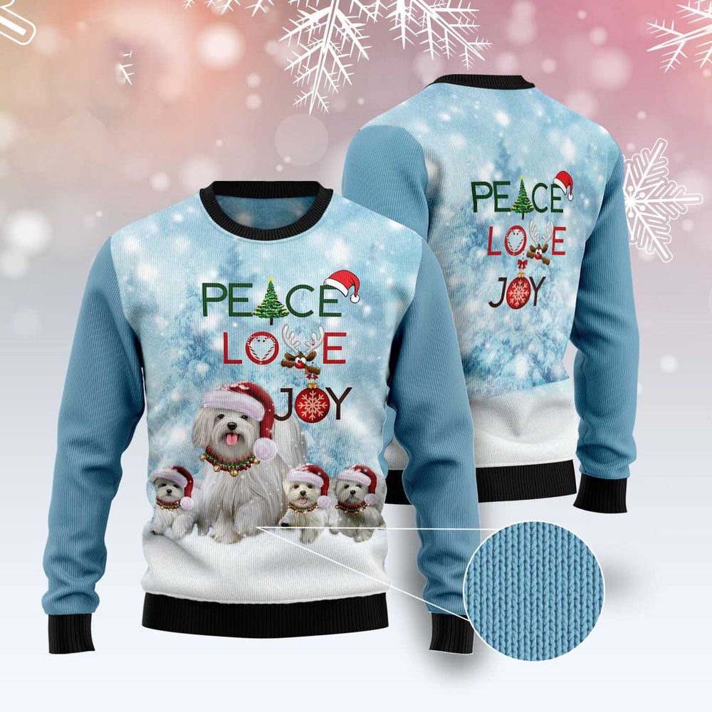 Maltese Peace Love Joy Ugly Sweater Ugly Christmas Sweater, Funny Xmas Sweater, Sweater Xmas