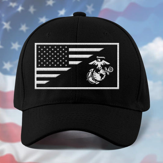 Marine Corps Veteran Cap, Customized Us Marine Corps Flag Black Embroidered Cap, Embroidered Dad Hat